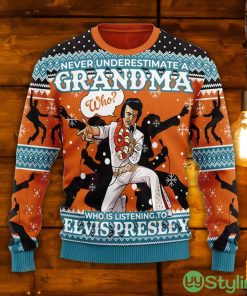 Gearhomie Who Is Listening To Elvis Presley Grandma Orange Ugly Christmas Sweater Product Photo 1