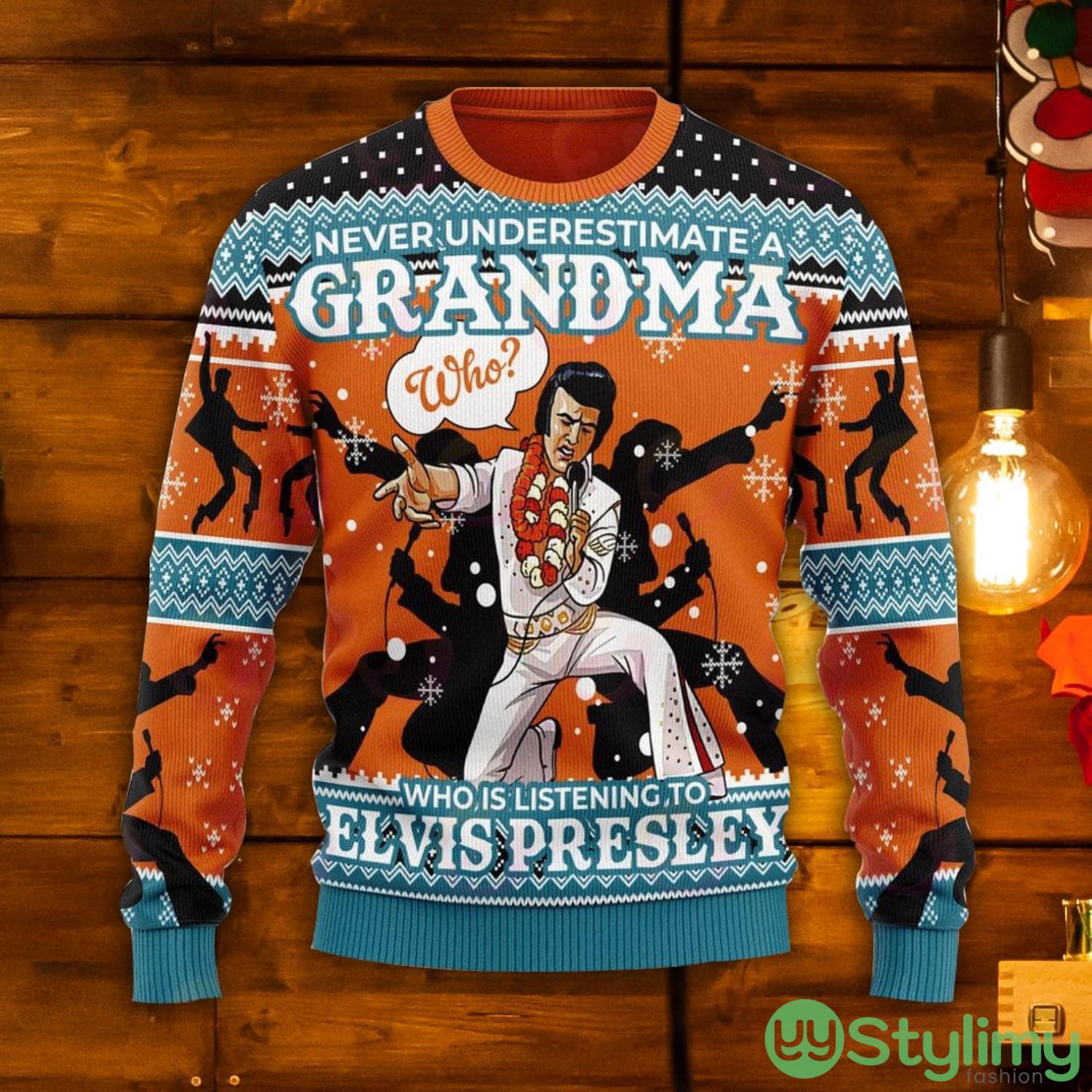 Gearhomie Who Is Listening To Elvis Presley Grandma Orange Ugly Christmas Sweater 3 Gearhomie Who Is Listening To Elvis Presley Grandma Orange Ugly Christmas Sweater Product Photo 1
