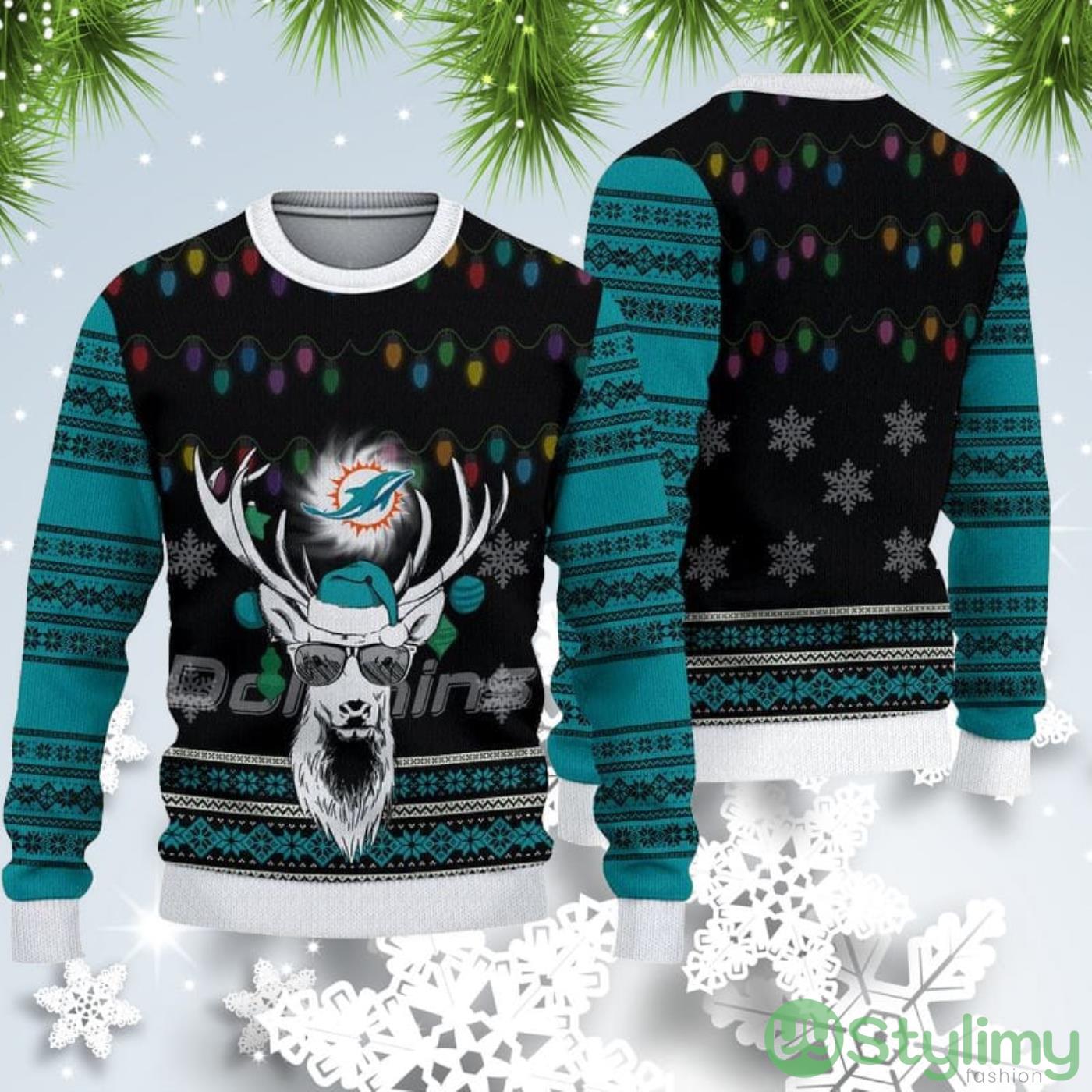 Miami Dolphins Christmas Light Reindeer Ugly Christmas Sweater 3 Miami Dolphins Christmas Light Reindeer Ugly Christmas Sweater Product Photo 1
