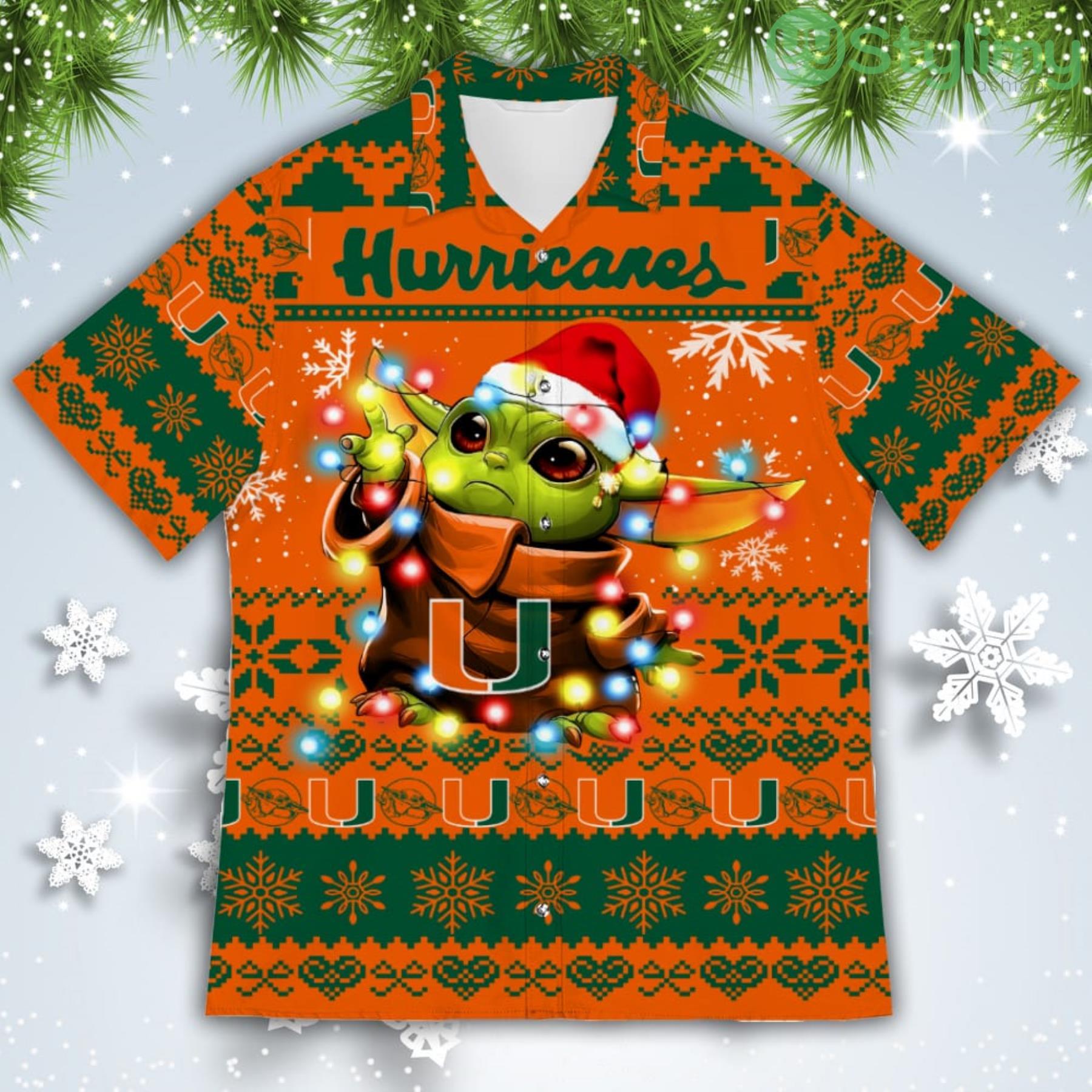 Miami Hurricanes Baby Yoda Star Wars American Ugly Christmas Sweater Pattern Hawaiian Shirt 2 Miami Hurricanes Baby Yoda Star Wars American Ugly Christmas Sweater Pattern Hawaiian Shirt Product Photo 2
