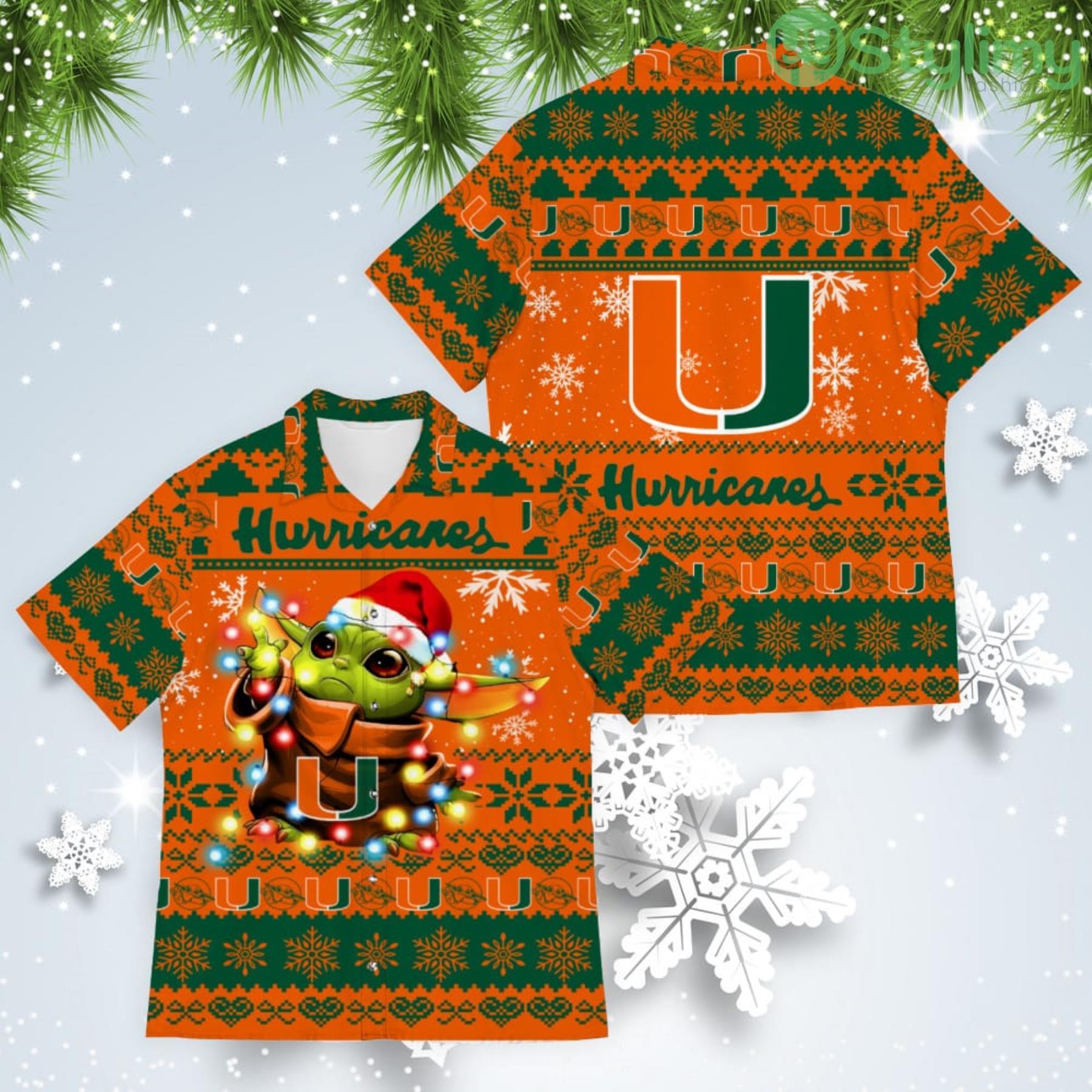Miami Hurricanes Baby Yoda Star Wars American Ugly Christmas Sweater Pattern Hawaiian Shirt 4 Miami Hurricanes Baby Yoda Star Wars American Ugly Christmas Sweater Pattern Hawaiian Shirt Product Photo 1