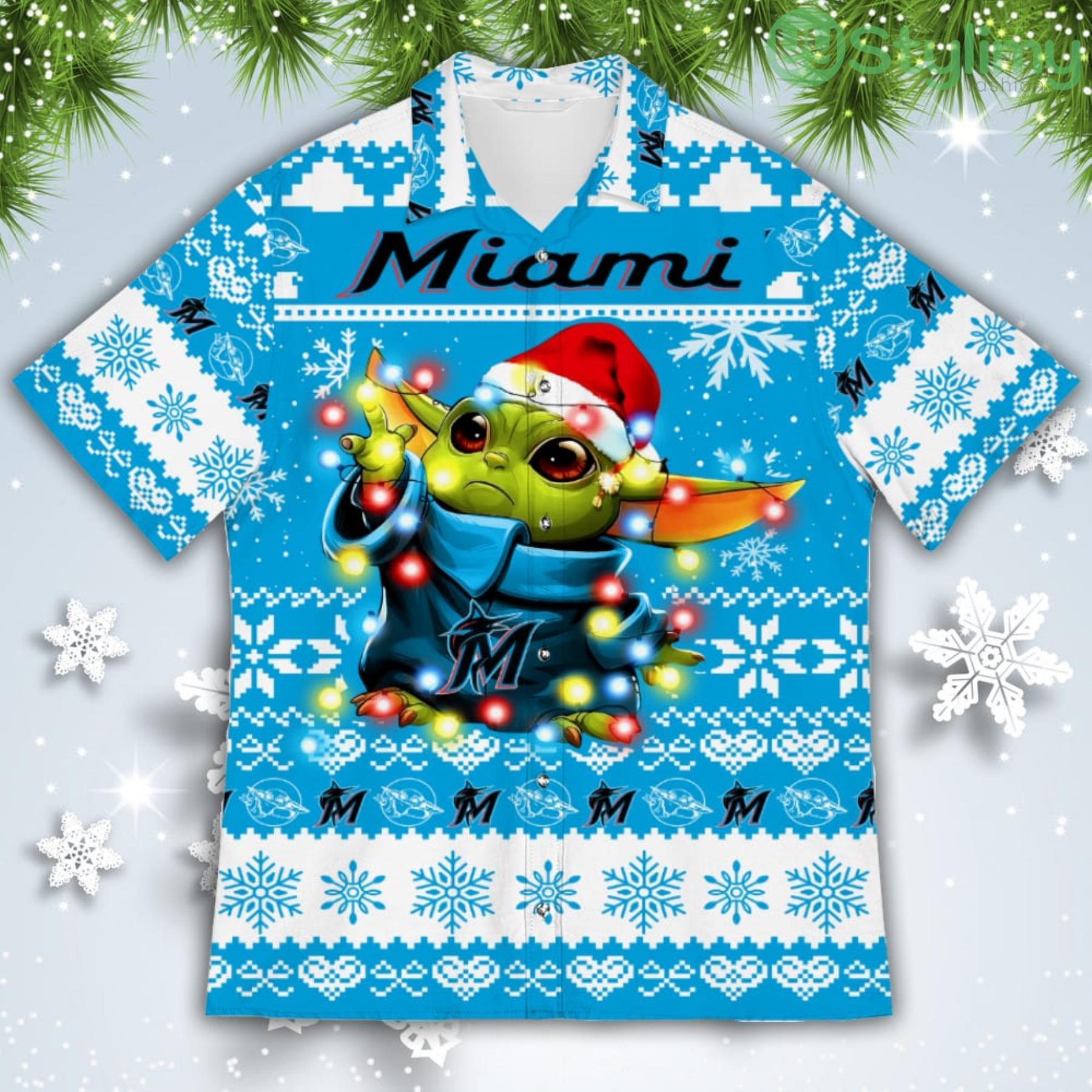 Miami Marlins Baby Yoda Star Wars American Ugly Christmas Sweater Pattern Hawaiian Shirt 2 Miami Marlins Baby Yoda Star Wars American Ugly Christmas Sweater Pattern Hawaiian Shirt Product Photo 2
