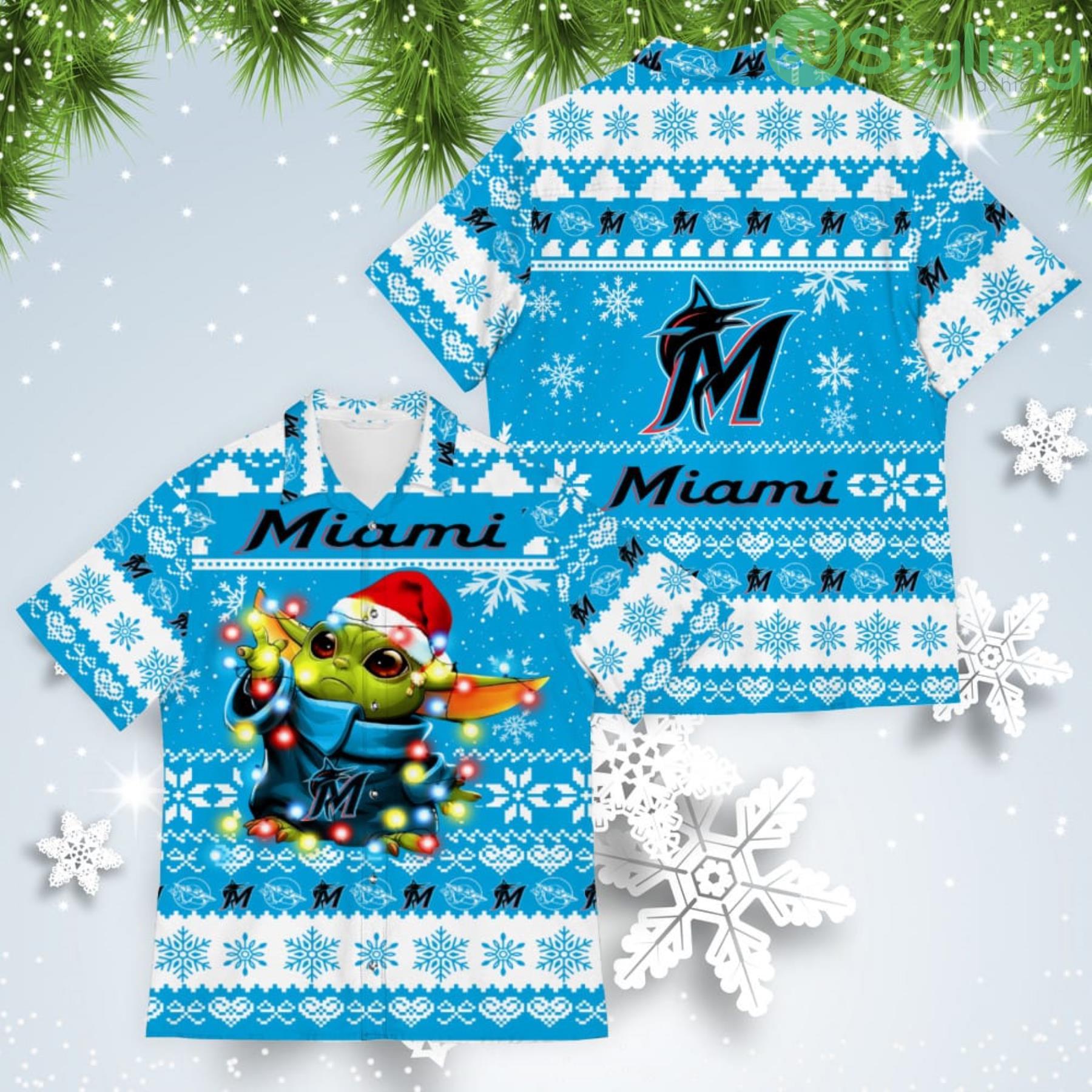 Miami Marlins Baby Yoda Star Wars American Ugly Christmas Sweater Pattern Hawaiian Shirt 4 Miami Marlins Baby Yoda Star Wars American Ugly Christmas Sweater Pattern Hawaiian Shirt Product Photo 1