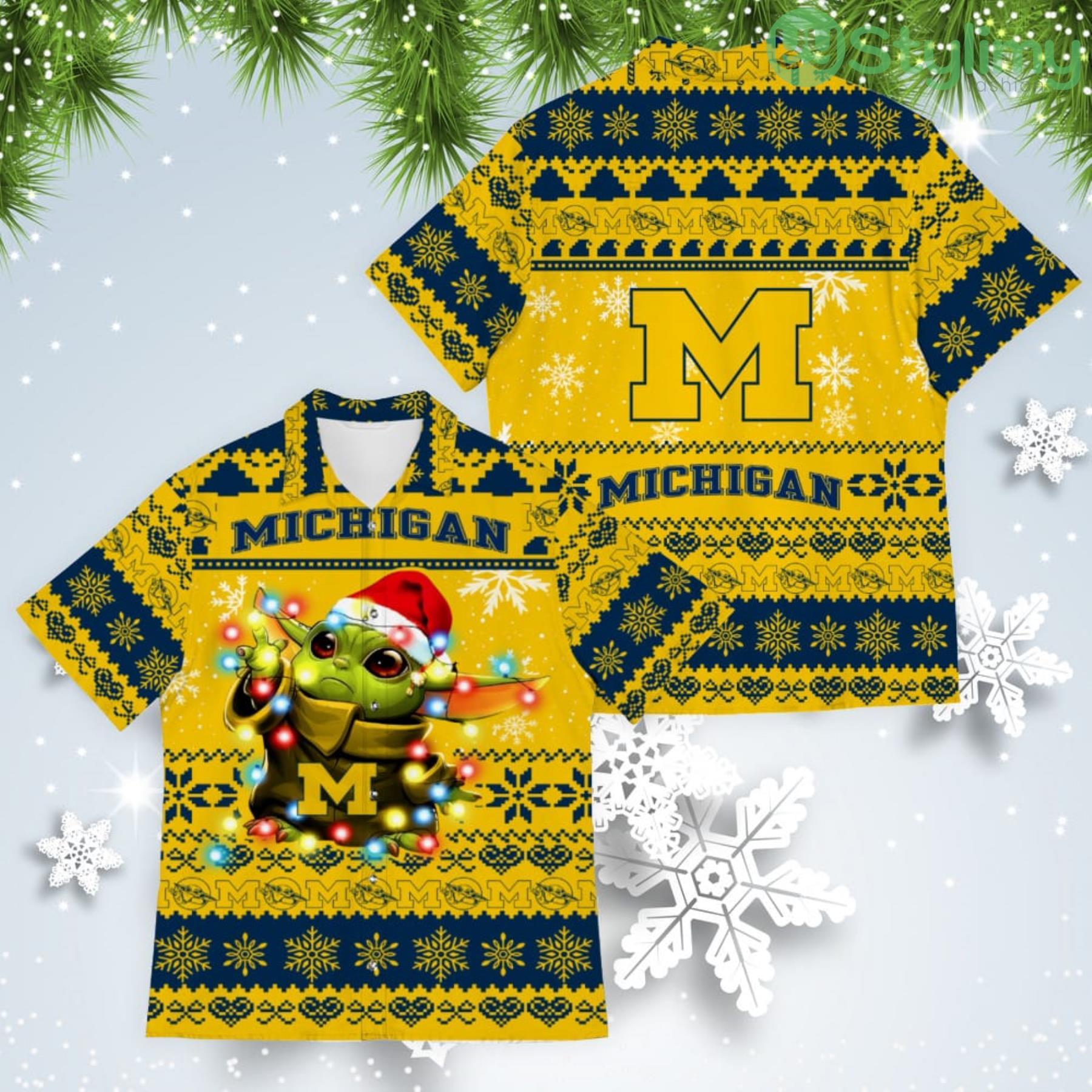 Michigan Wolverines Baby Yoda Star Wars American Ugly Christmas Sweater Pattern Hawaiian Shirt 4 Michigan Wolverines Baby Yoda Star Wars American Ugly Christmas Sweater Pattern Hawaiian Shirt Product Photo 1