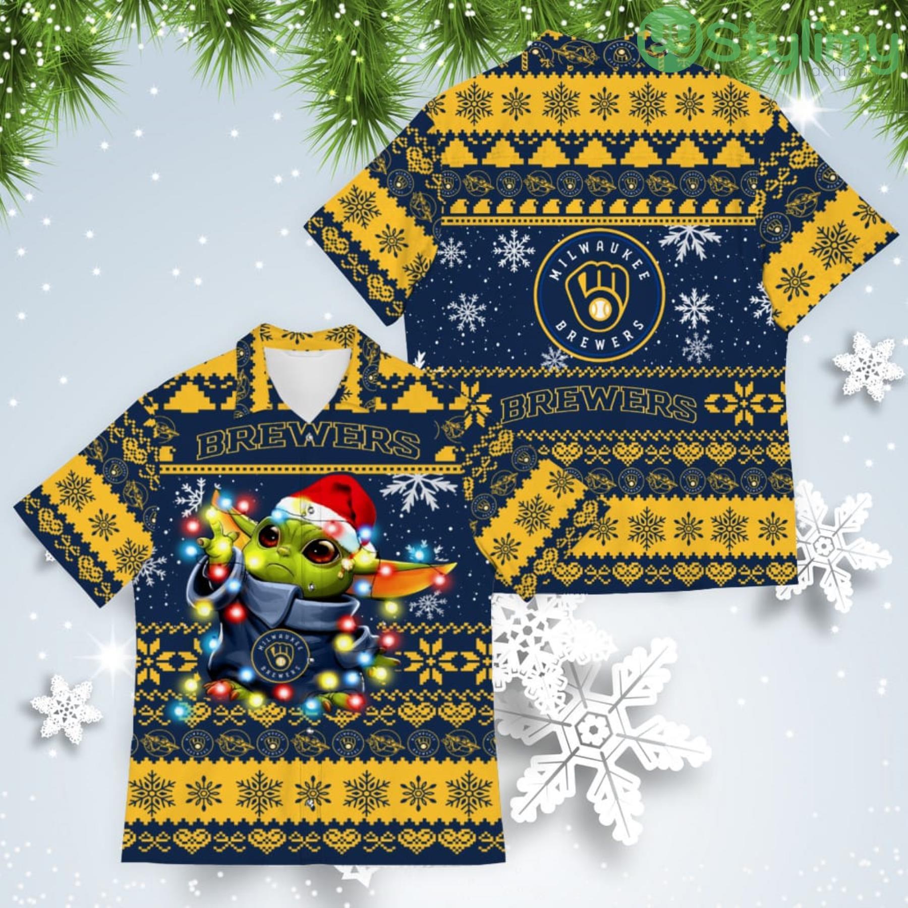 Milwaukee Brewers Baby Yoda Star Wars American Ugly Christmas Sweater Pattern Hawaiian Shirt 4 Milwaukee Brewers Baby Yoda Star Wars American Ugly Christmas Sweater Pattern Hawaiian Shirt Product Photo 1