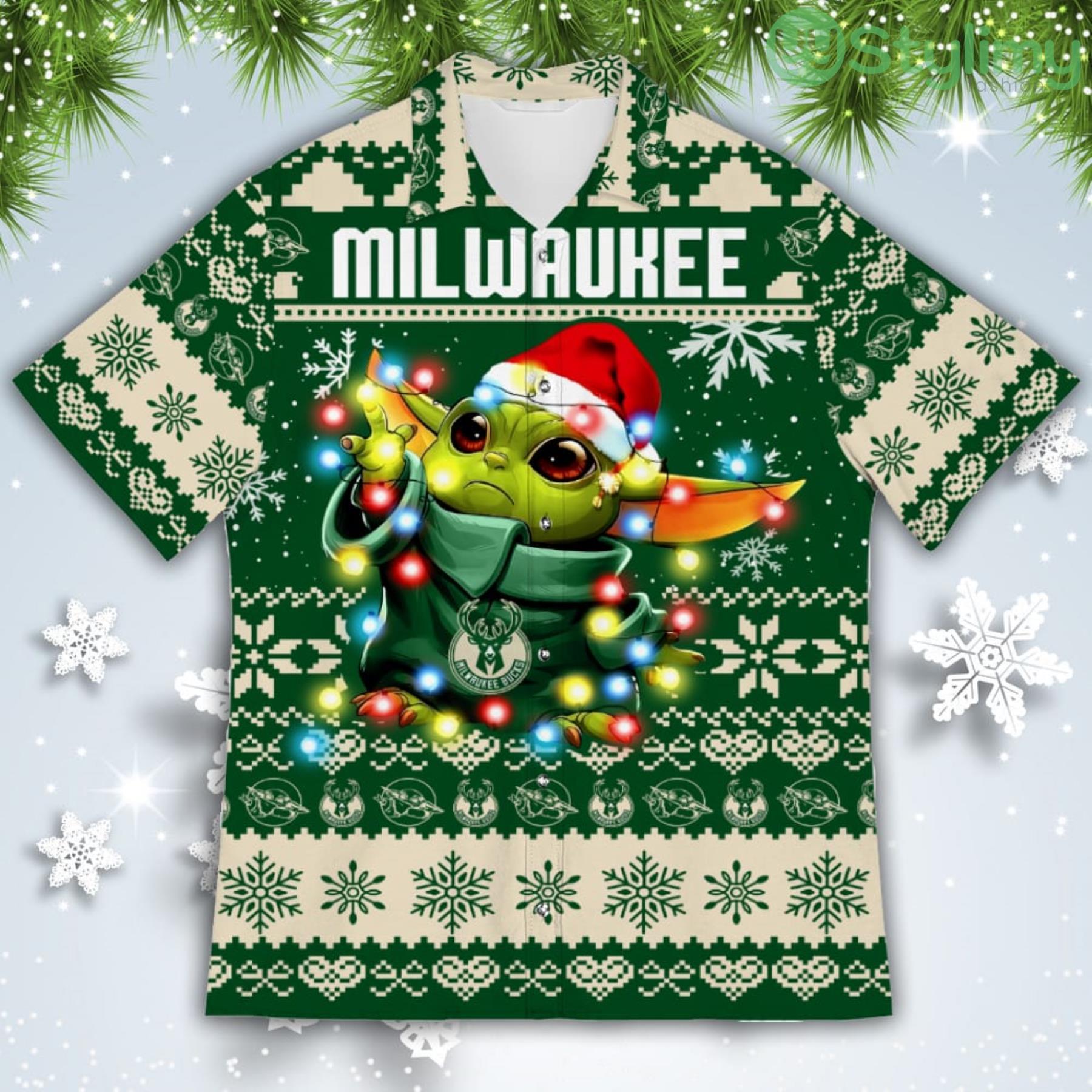 Milwaukee Bucks Baby Yoda Star Wars American Ugly Christmas Sweater Pattern Hawaiian Shirt 2 Milwaukee Bucks Baby Yoda Star Wars American Ugly Christmas Sweater Pattern Hawaiian Shirt Product Photo 2