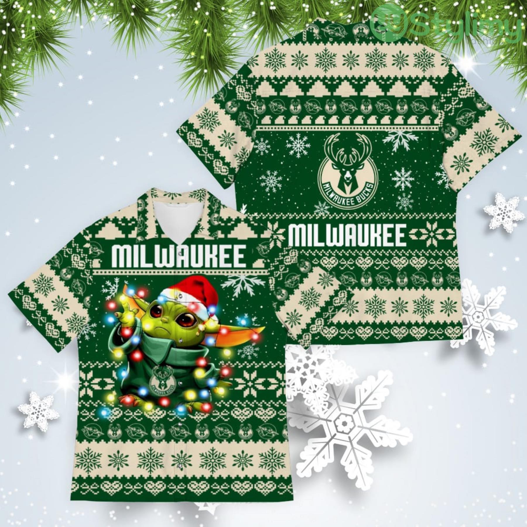 Milwaukee Bucks Baby Yoda Star Wars American Ugly Christmas Sweater Pattern Hawaiian Shirt 4 Milwaukee Bucks Baby Yoda Star Wars American Ugly Christmas Sweater Pattern Hawaiian Shirt Product Photo 1