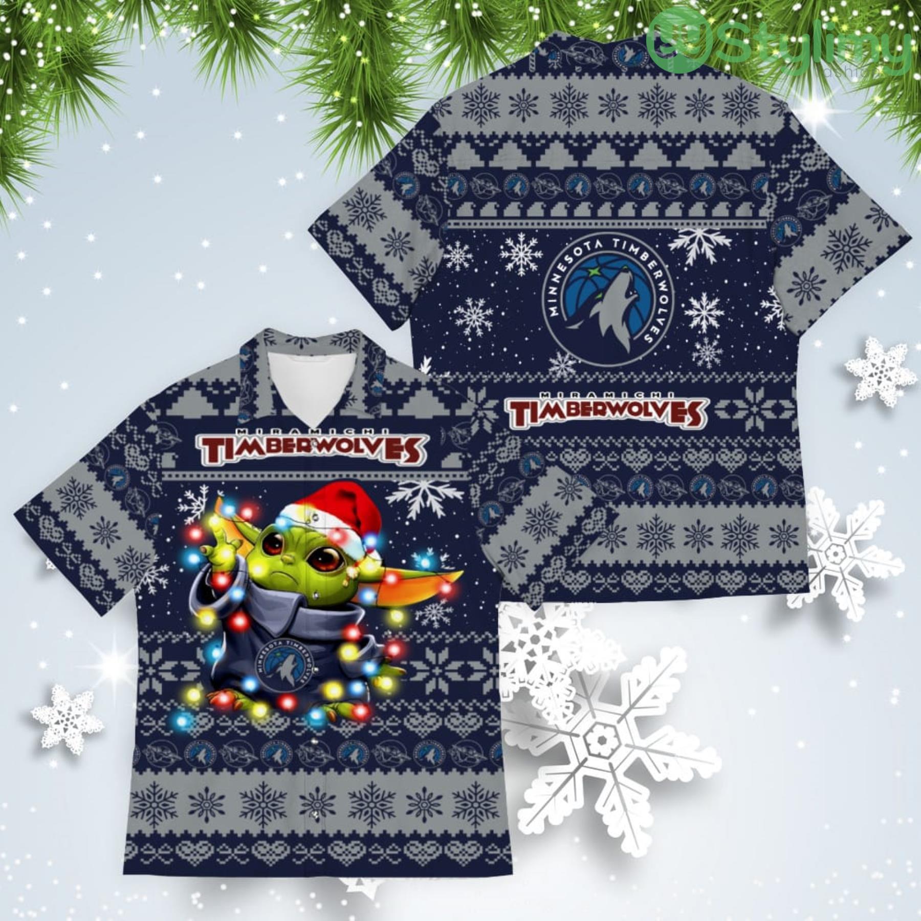 Minnesota Timberwolves Baby Yoda Star Wars American Ugly Christmas Sweater Pattern Hawaiian Shirt 4 Minnesota Timberwolves Baby Yoda Star Wars American Ugly Christmas Sweater Pattern Hawaiian Shirt Product Photo 1