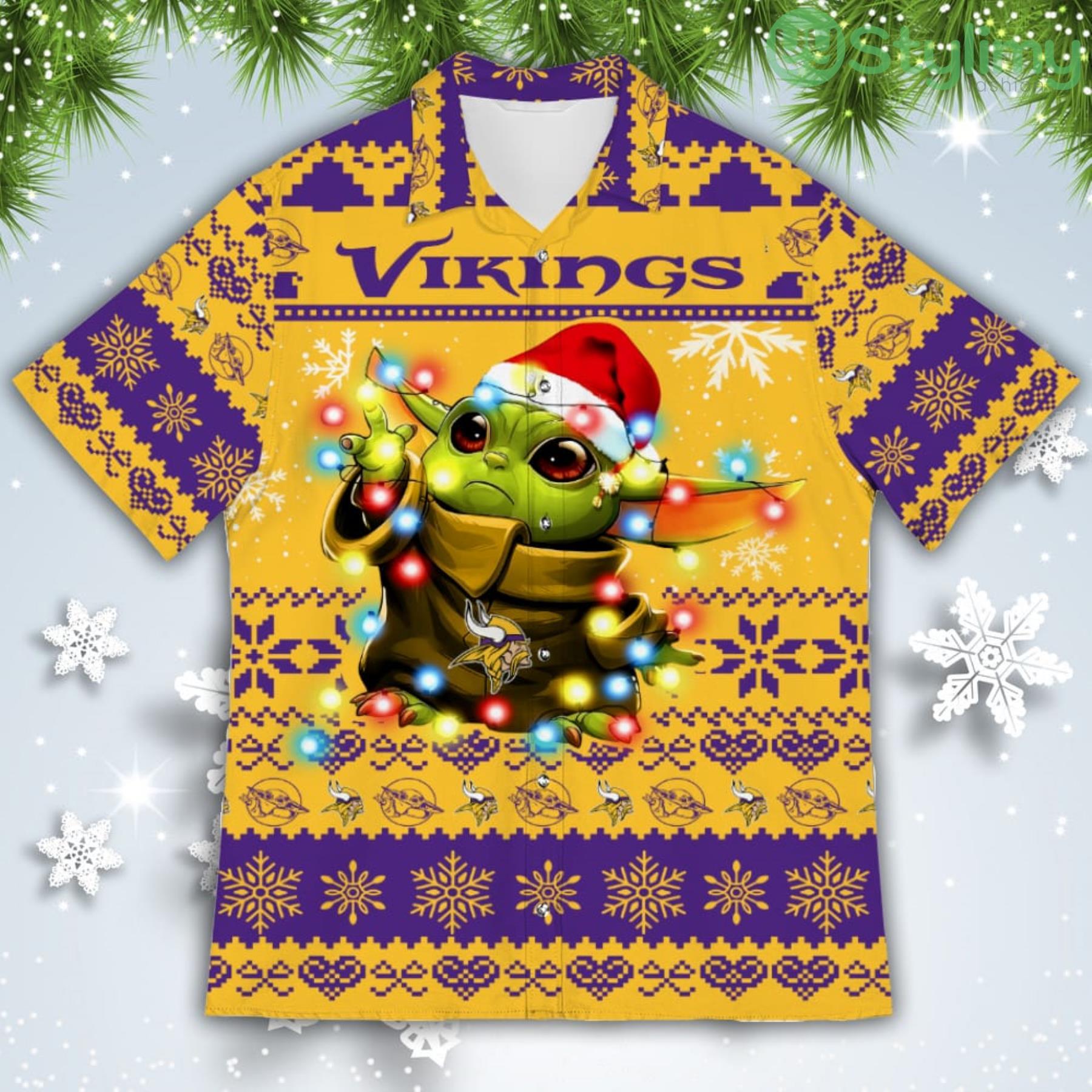 Minnesota Vikings Baby Yoda Star Wars American Ugly Christmas Sweater Pattern Hawaiian Shirt 2 Minnesota Vikings Baby Yoda Star Wars American Ugly Christmas Sweater Pattern Hawaiian Shirt Product Photo 2