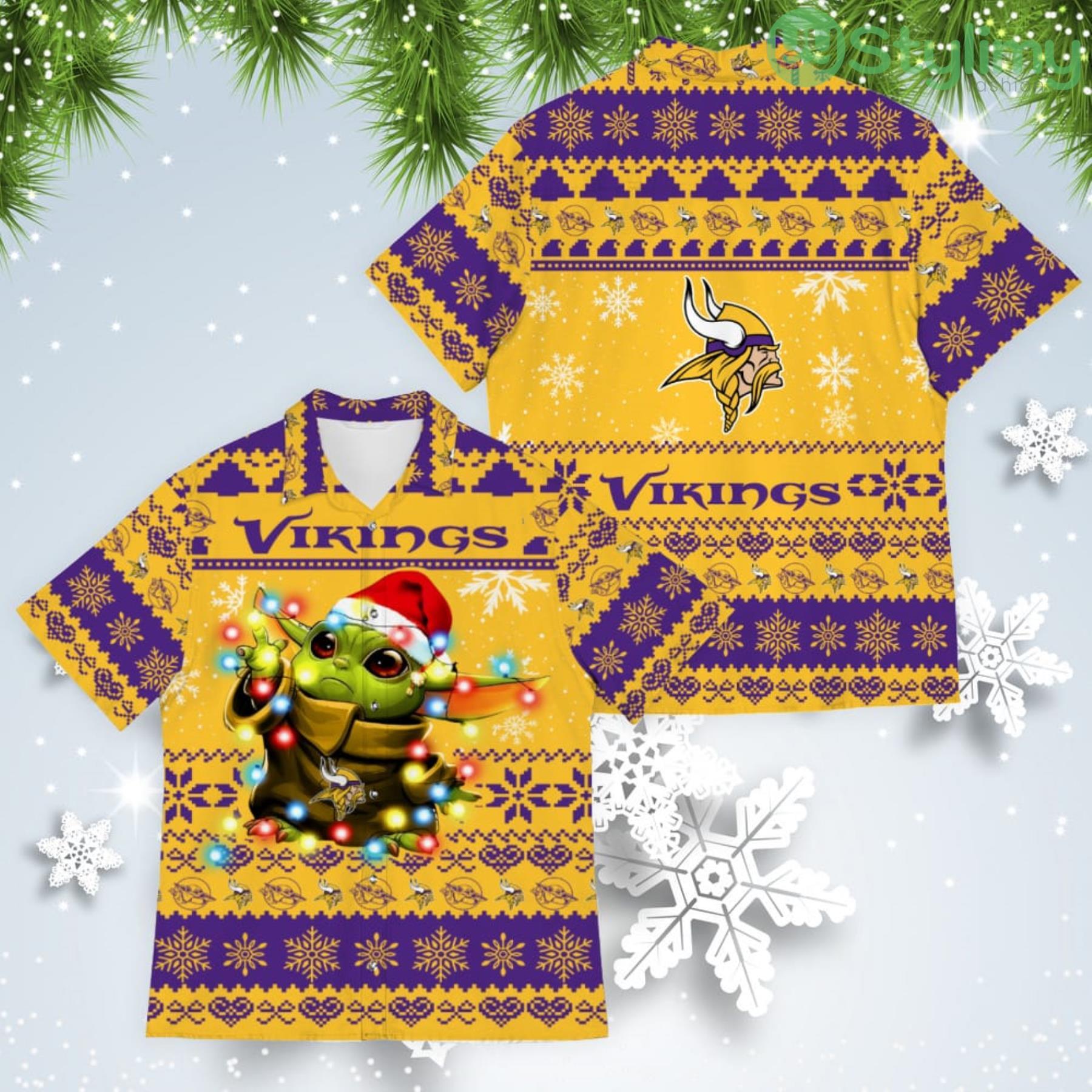 Minnesota Vikings Baby Yoda Star Wars American Ugly Christmas Sweater Pattern Hawaiian Shirt 4 Minnesota Vikings Baby Yoda Star Wars American Ugly Christmas Sweater Pattern Hawaiian Shirt Product Photo 1