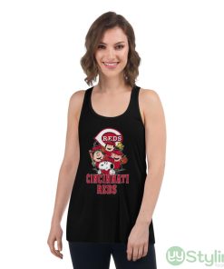 MLB Cincinnati Reds Snoopy Charlie Brown Woodstock The Peanuts Movie Baseball Shirt - Women's Flowy Racerback Tank