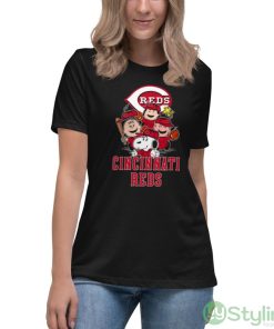 MLB Cincinnati Reds Snoopy Charlie Brown Woodstock The Peanuts Movie Baseball Shirt - Women's Relaxed Short Sleeve Jersey Tee