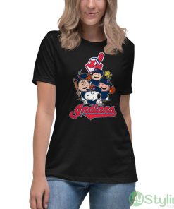 MLB Cleveland Indians Snoopy Charlie Brown Woodstock The Peanuts Movie Baseball Shirt - Women's Relaxed Short Sleeve Jersey Tee