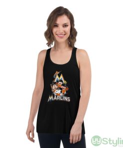 MLB Miami Marlins Snoopy Charlie Brown Woodstock The Peanuts Movie Baseball Shirt - Women's Flowy Racerback Tank