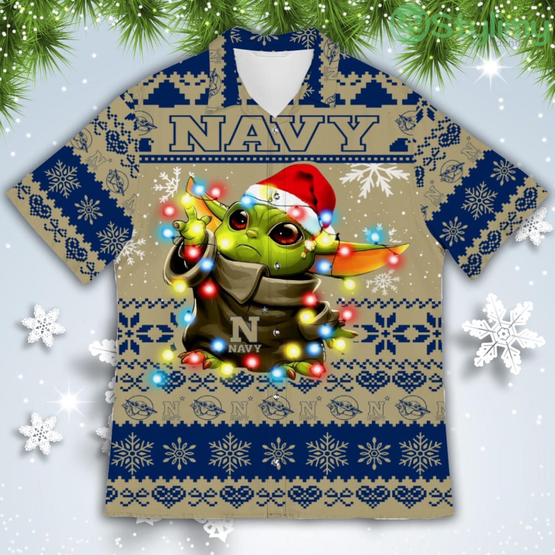 Navy Midshipmen Baby Yoda Star Wars American Ugly Christmas Sweater Pattern Hawaiian Shirt 2 Navy Midshipmen Baby Yoda Star Wars American Ugly Christmas Sweater Pattern Hawaiian Shirt Product Photo 2