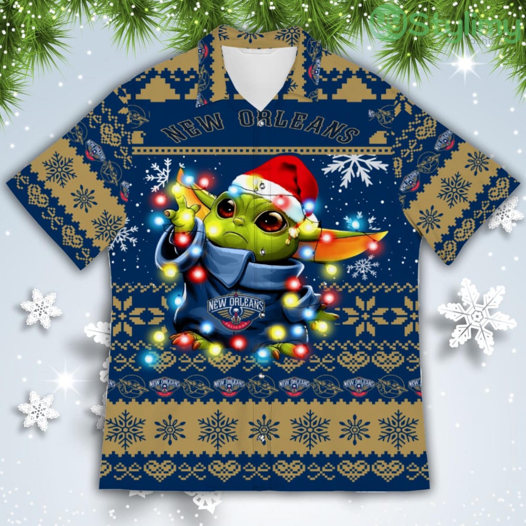 New Orlean Pelicans Baby Yoda Star Wars American Ugly Christmas Sweater Pattern Hawaiian Shirt 2 New Orlean Pelicans Baby Yoda Star Wars American Ugly Christmas Sweater Pattern Hawaiian Shirt Product Photo 2