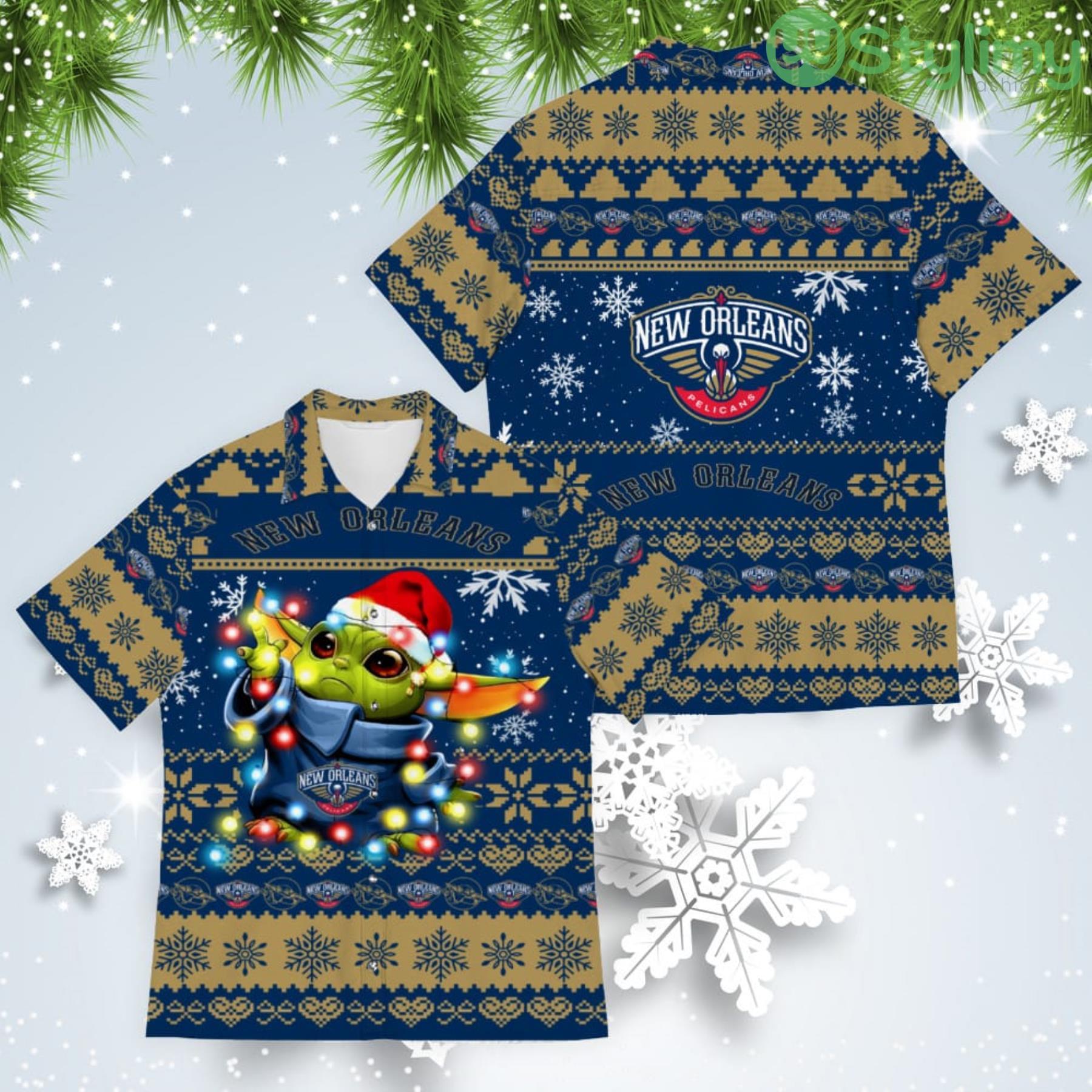 New Orlean Pelicans Baby Yoda Star Wars American Ugly Christmas Sweater Pattern Hawaiian Shirt 4 New Orlean Pelicans Baby Yoda Star Wars American Ugly Christmas Sweater Pattern Hawaiian Shirt Product Photo 1
