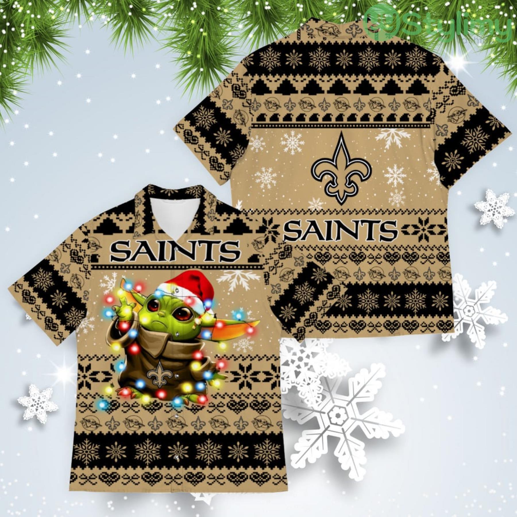 New Orleans Saints Baby Yoda Star Wars American Ugly Christmas Sweater Pattern Hawaiian Shirt 4 New Orleans Saints Baby Yoda Star Wars American Ugly Christmas Sweater Pattern Hawaiian Shirt Product Photo 1