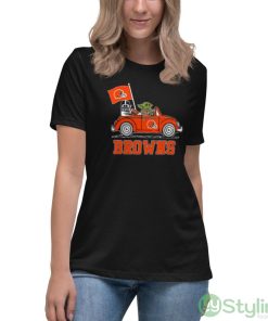 NFL Football Cleveland Browns Darth Vader Baby Yoda Driving Star Wars Shirt - Women's Relaxed Short Sleeve Jersey Tee