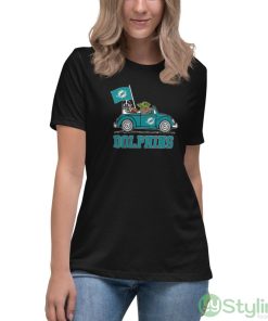 NFL Football Miami Dolphins Darth Vader Baby Yoda Driving Star Wars Shirt - Women's Relaxed Short Sleeve Jersey Tee