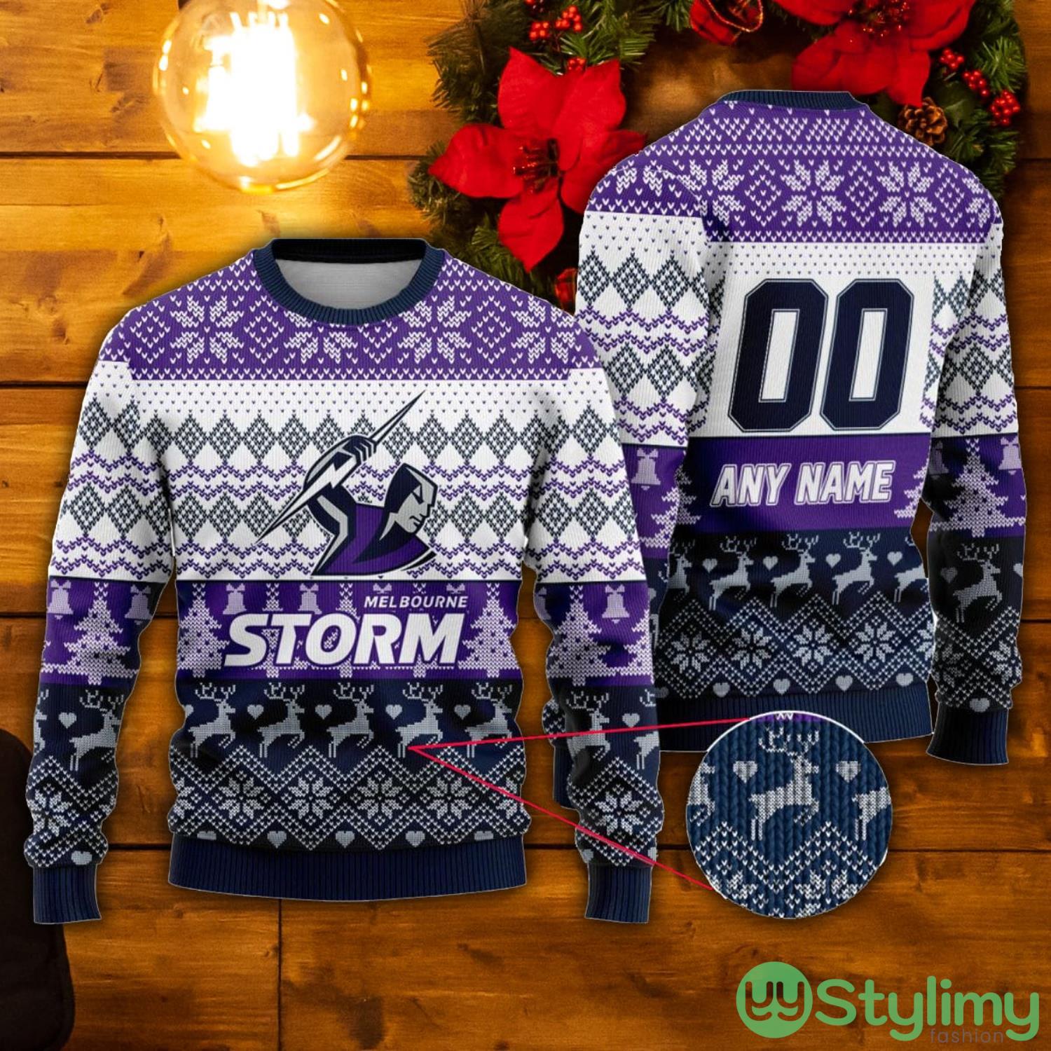 NRL Melbourne Storm Custom Name & Number Ugly Christmas Sweater 3 NRL Melbourne Storm Custom Name & Number Ugly Christmas Sweater Product Photo 1