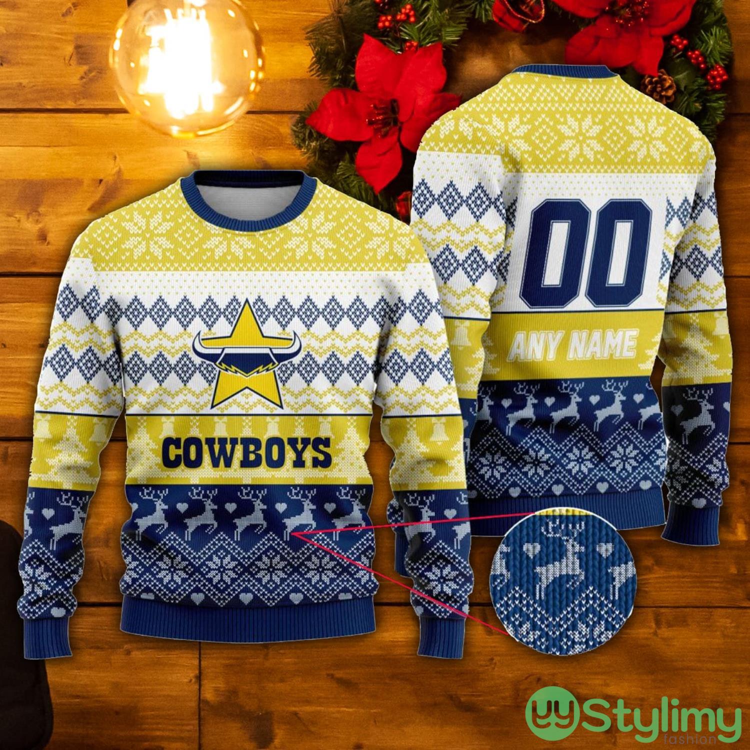 NRL North Queensland Cowboys Custom Name & Number Ugly Christmas Sweater 2 NRL North Queensland Cowboys Custom Name & Number Ugly Christmas Sweater Product Photo 1