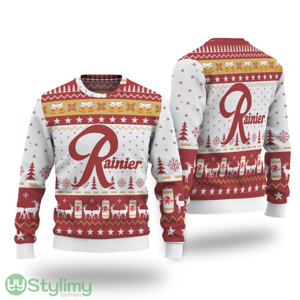 Rainier Beer Reindeer & Pine Tree Pattern Ugly Christmas Sweater 2 Rainier Beer Reindeer & Pine Tree Pattern Ugly Christmas Sweater Product Photo 1