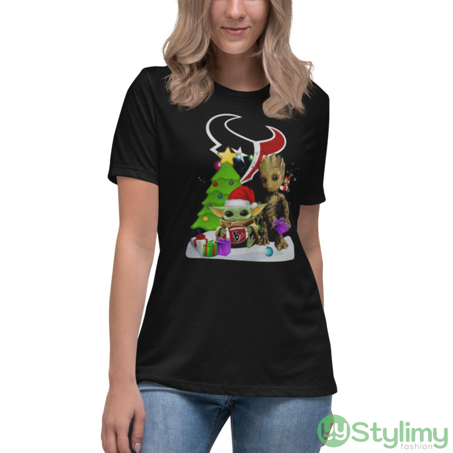 Santa Bigfoot And Baby Yoda Hug Houston Texans Snow Christmas Tree Shirt 6 Santa Bigfoot And Baby Yoda Hug Houston Texans Snow Christmas Tree Shirt - Women's Relaxed Short Sleeve Jersey Tee