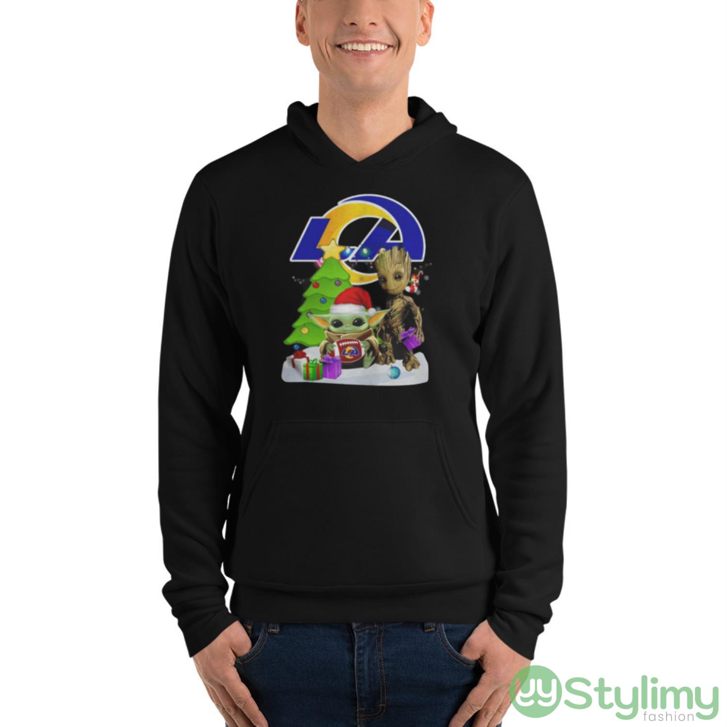 Santa Bigfoot And Baby Yoda Hug Los Angeles Rams Snow Christmas Tree Shirt 4 Santa Bigfoot And Baby Yoda Hug Los Angeles Rams Snow Christmas Tree Shirt - Unisex Fleece Pullover Hoodie