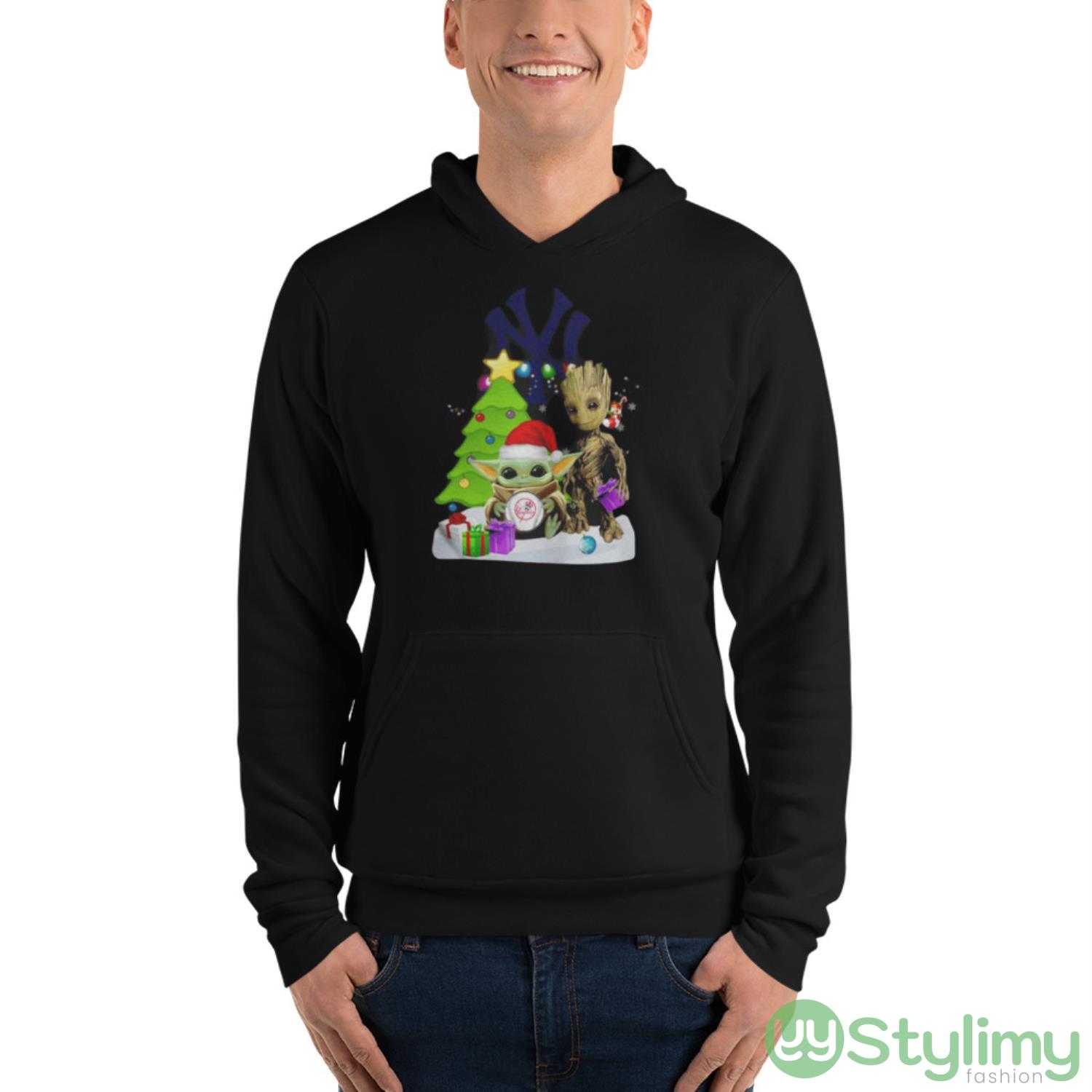 Santa Bigfoot And Baby Yoda Hug New York Yankees Snow Christmas Tree Shirt 4 Santa Bigfoot And Baby Yoda Hug New York Yankees Snow Christmas Tree Shirt - Unisex Fleece Pullover Hoodie