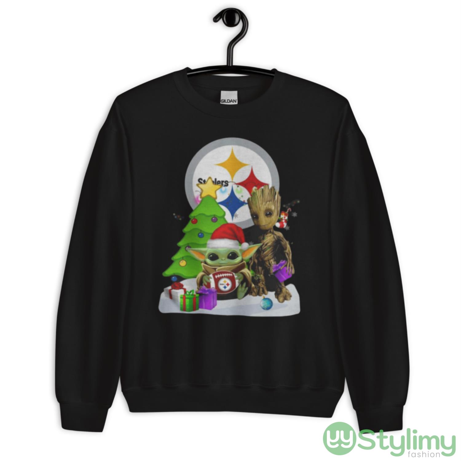 Santa Bigfoot And Baby Yoda Hug Pittsburgh Steelers Snow Christmas Tree Shirt 3 Santa Bigfoot And Baby Yoda Hug Pittsburgh Steelers Snow Christmas Tree Shirt - Unisex Crewneck Sweatshirt