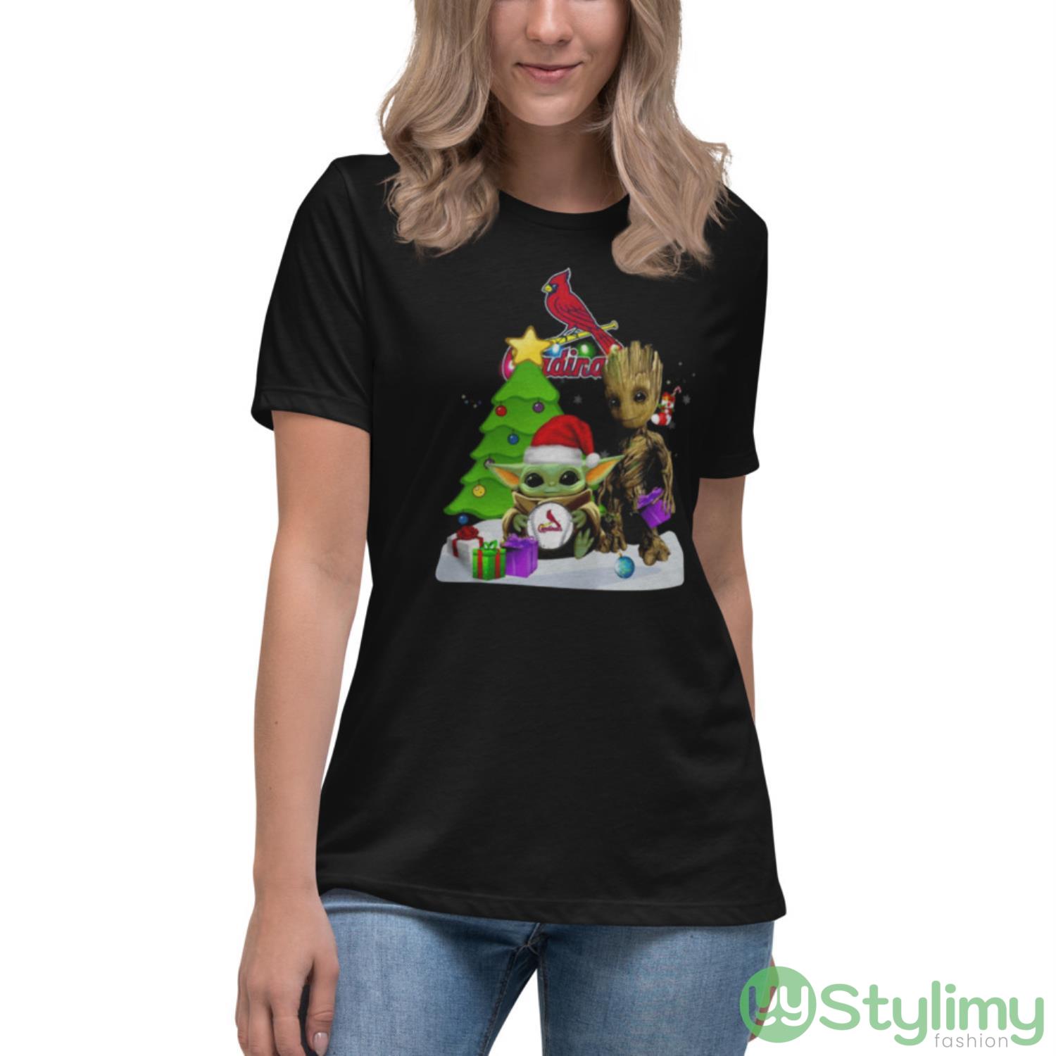 Santa Bigfoot And Baby Yoda Hug St.Louis Cardinals Snow Christmas Tree Shirt 6 Santa Bigfoot And Baby Yoda Hug St.Louis Cardinals Snow Christmas Tree Shirt - Women's Relaxed Short Sleeve Jersey Tee