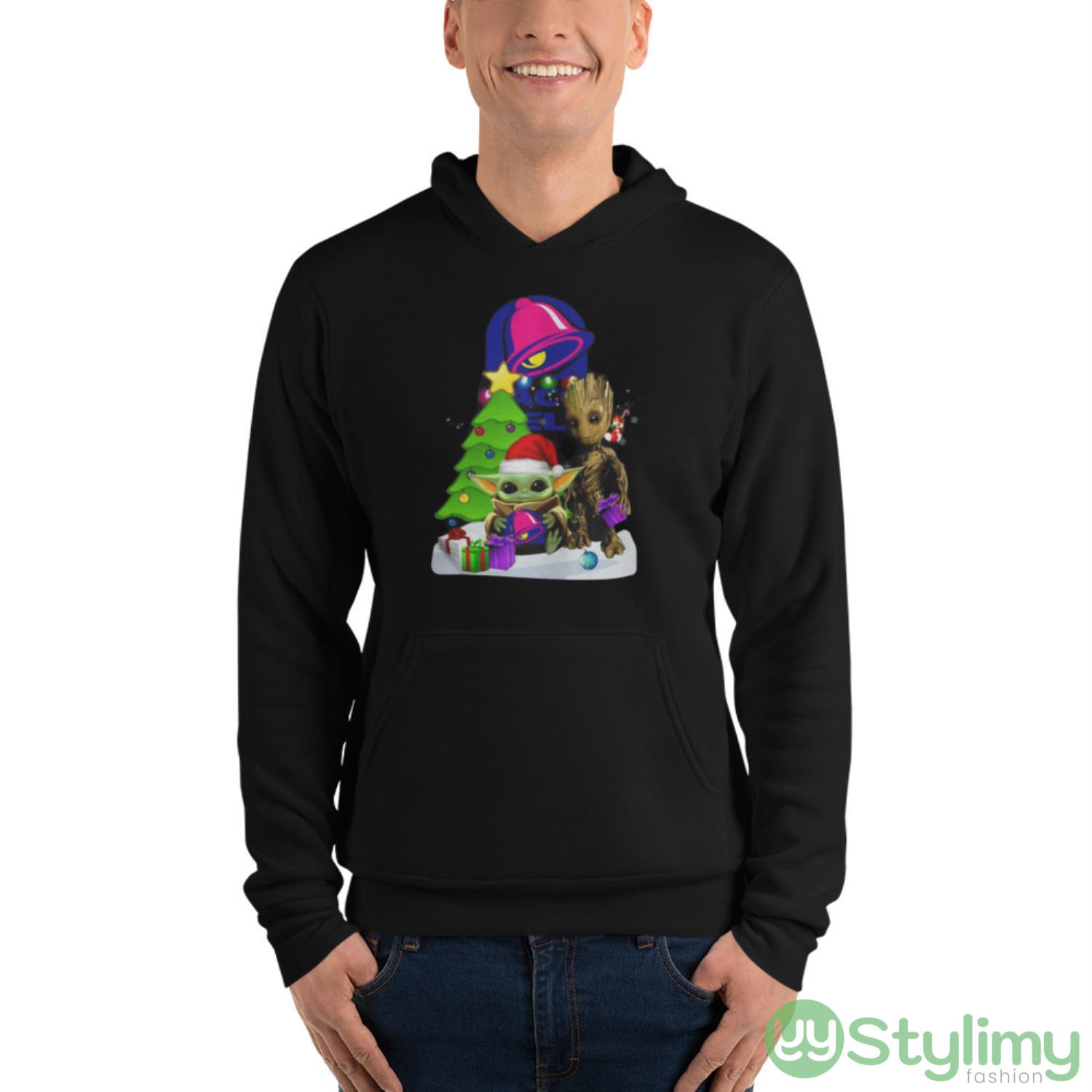 Santa Bigfoot And Baby Yoda Hug Taco Bell Snow Christmas Tree Shirt 4 Santa Bigfoot And Baby Yoda Hug Taco Bell Snow Christmas Tree Shirt - Unisex Fleece Pullover Hoodie