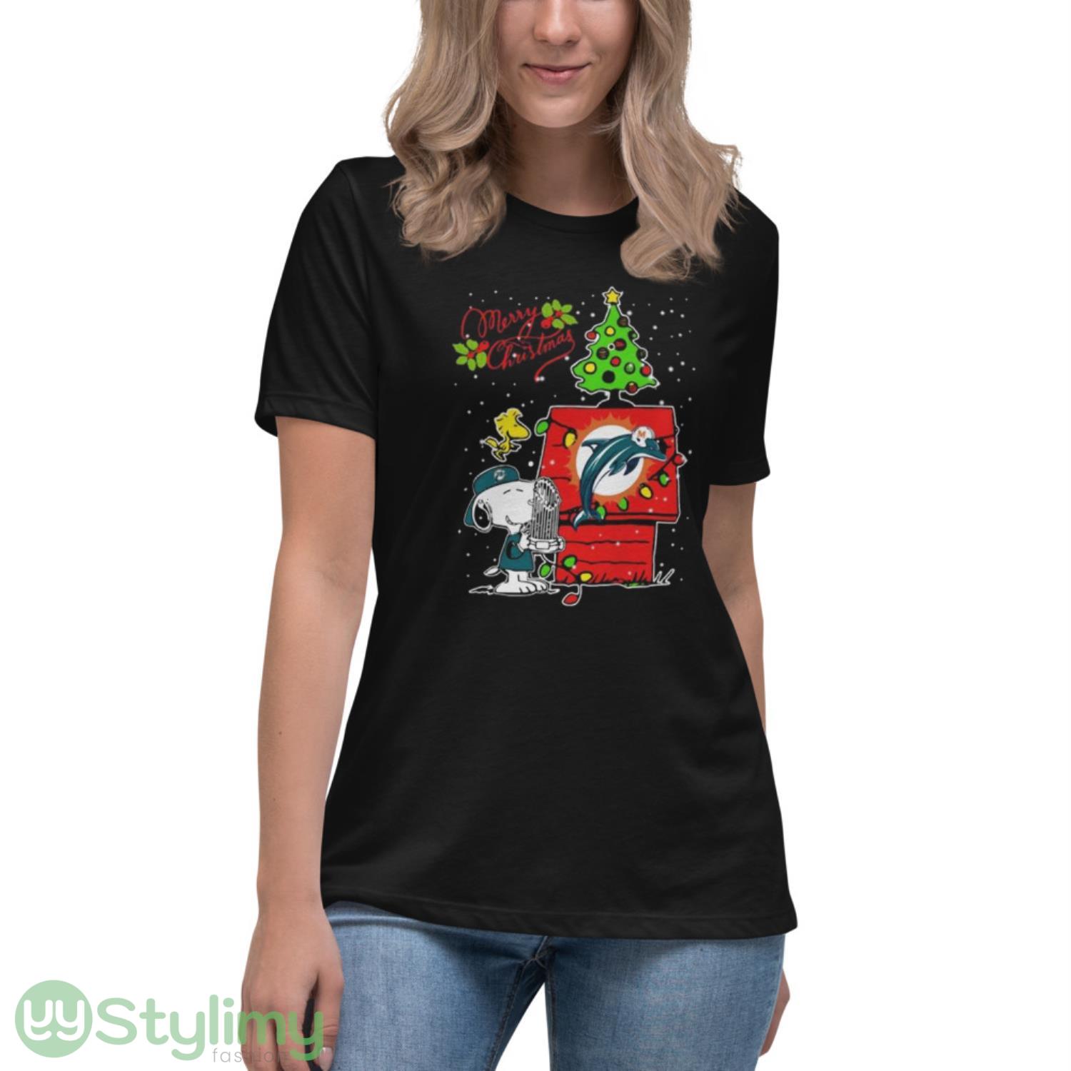 Snoopy Miami Dolphins Merry Christmas shirt 6 Snoopy Miami Dolphins Merry Christmas shirt - Women's Relaxed Short Sleeve Jersey Tee