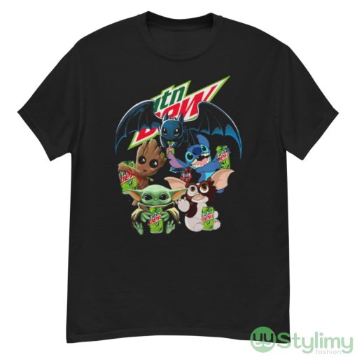 Mountain Dew Baby Yoda Groot Stitch toothless and Gremlins shirt