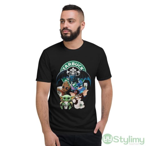 Starbucks Baby Yoda Groot Stitch Toothless and Gremlins shirt