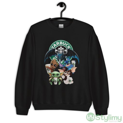 Starbucks Baby Yoda Groot Stitch Toothless and Gremlins shirt
