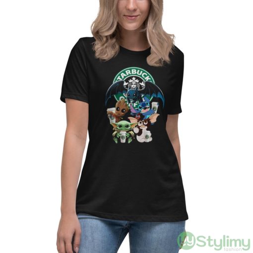 Starbucks Baby Yoda Groot Stitch Toothless and Gremlins shirt