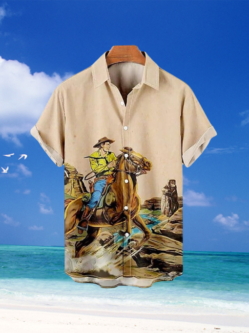 Mens Shirt Summer Hawaiian Shirt Graphic Prints Vintage Cowboy TurnApricot Dusty Dark Street Casual Print Clothing Apparel Vintage Fashion Streetwear