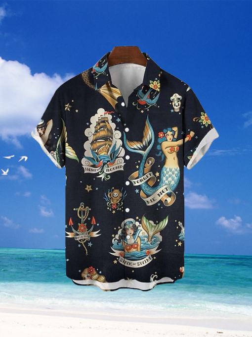 Mens Shirt Summer Hawaiian Shirt Mermaid Graphic Prints Pirate TurnStreet Casual Print Clothing Apparel Tropical Fashion Hawaiian Designer