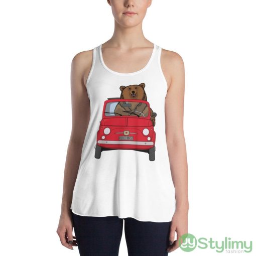 Bear In A Red Fiat 500 Design T Shirt - 8800 Women's Flowy Racerback Tank