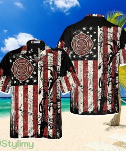 Black American Flag Fire Dept Firefighter Hawaiian Shirt, Fire Department Badge Firefighter Shirt For Men Product Photo 1