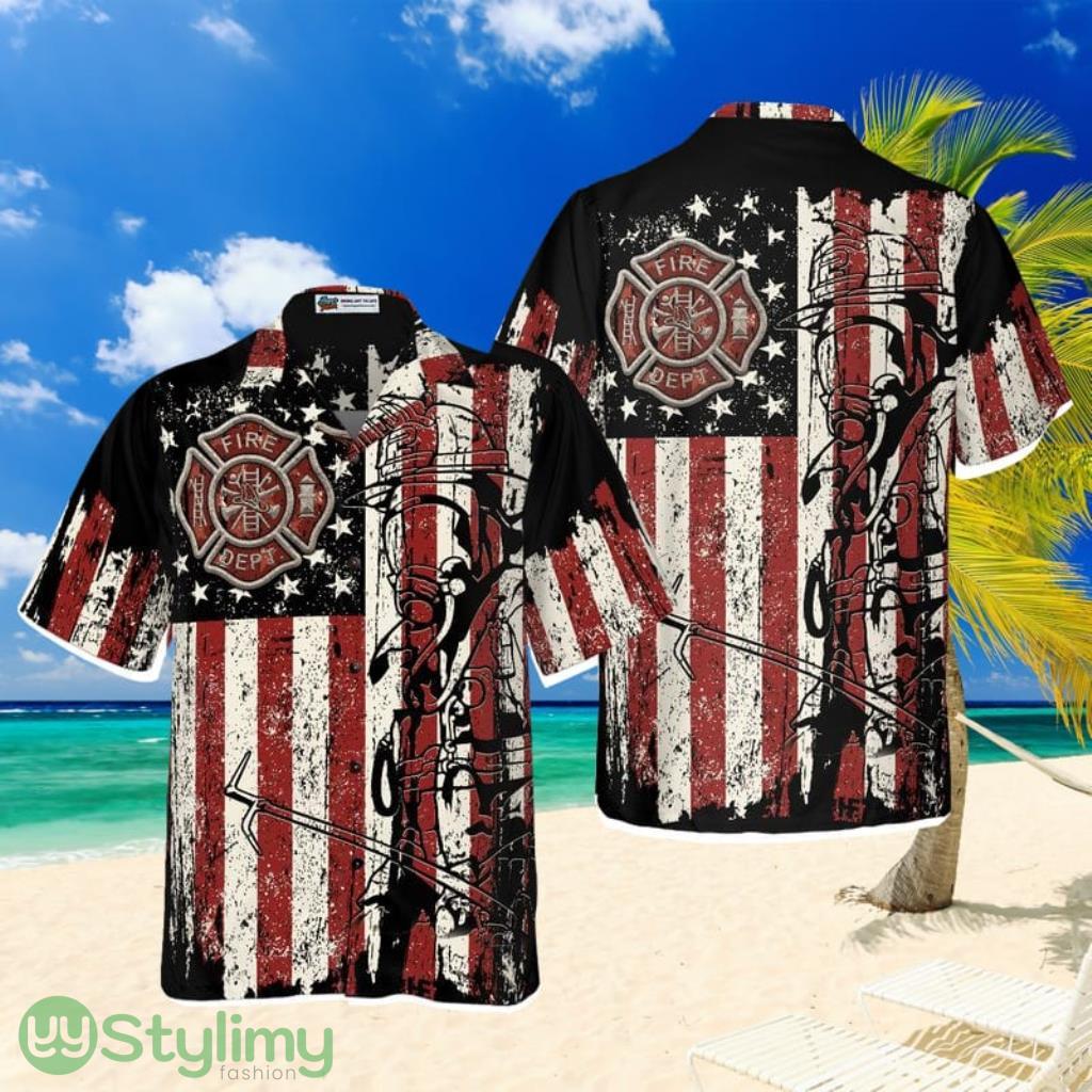 Black American Flag Fire Dept Firefighter Hawaiian Shirt, Fire Department Badge Firefighter Shirt For Men 1 Black American Flag Fire Dept Firefighter Hawaiian Shirt, Fire Department Badge Firefighter Shirt For Men Product Photo 1