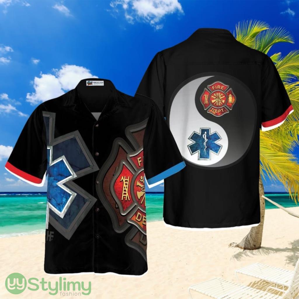 Firefighter And Paramedic Yin And Yang Firefighter Hawaiian Shirt, Red Fire Dept Logo And Blue Star Of Life Firefighter Shirt For Men 1 Firefighter And Paramedic Yin And Yang Firefighter Hawaiian Shirt, Red Fire Dept Logo And Blue Star Of Life Firefighter Shirt For Men Product Photo 1