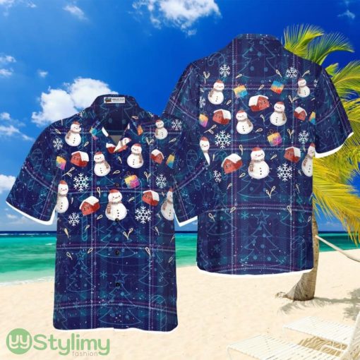 Hyperfavor Christmas Hawaiian Shirts, Christmas Snowman Dark Blue Plaid Pattern Gift For Men And Women