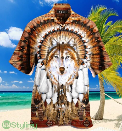 Gifury Native American Hawaii Shirt Native Wolf Feather Hawaiian Shirt Native American Aloha Shirt Product Photo 1