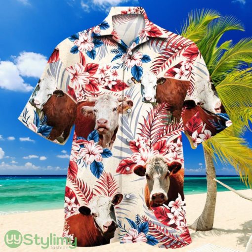 Hereford Cattle Lovers American Flag Hawaiian Shirt, Cow Flower Aloha Shirt, Women Product Photo 1