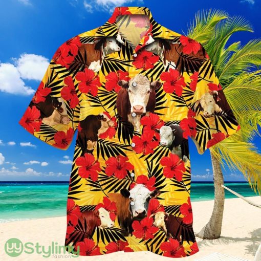 Hereford Cattle Lovers Hibiscus Flower Hawaiian Shirt Product Photo 1