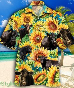 Black Angus Cattle Lovers Sunflower Watercolor Tropical Hawaiian Shirt Product Photo 1