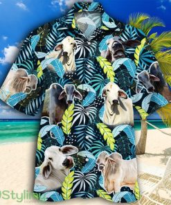 Brahman Cattle Lovers Jungle Leaves Tropical Hawaiian Shirt Product Photo 1